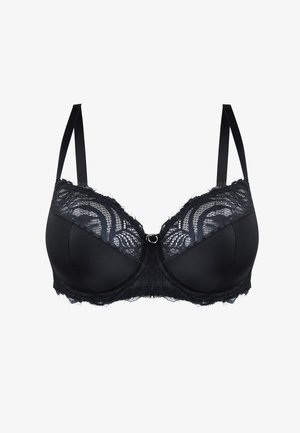 Czarny stanik z koronkowym wykończeniem na miseczkach, gładkim materiałem, wsparciem drucianym i regulowanymi ramiączkami. Akcent w postaci centralnego pierścienia.