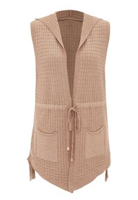 Gilet in maglia testurizzata beige con cappuccio, apertura frontale, cintura regolabile in vita e due tasche frontali. Finisce con un orlo curvo.