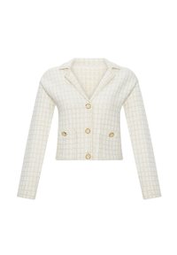 Veste courte texturée blanche à manches longues, boutons dorés sur le devant et sur deux poches avant, et col cranté.