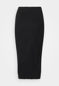 Jupe crayon noire jusqu'aux genoux en tissu jersey. Présente une coupe ajustée et une taille élastique avec une texture lisse.