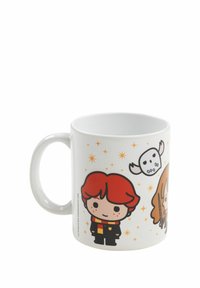 Tazza di ceramica bianca con personaggi dei cartoni animati con capelli rossi e una figura con capelli castani, circondati da stelle arancioni e un gufo bianco.