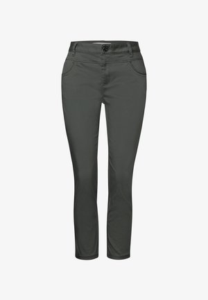 Pantaloni grigio scuro, realizzati in un tessuto morbido, caratterizzati da un design aderente, passanti per cintura e tasche frontali. Presentano una chiusura con un singolo bottone.