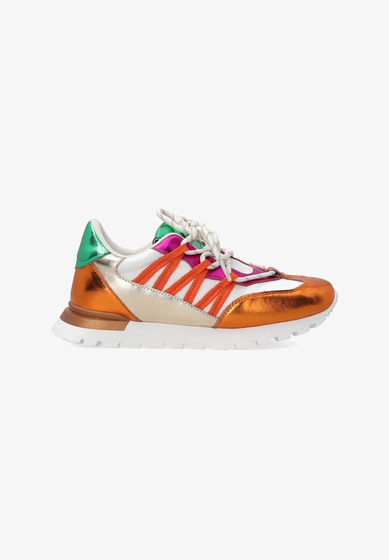 Colorful sneaker featuring metallic orange and gold, white fabric upper, textured laces, and green accent on the heel. Rubber sole.