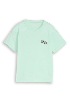 Light mint green short-sleeve t-shirt with round neck and small black skateboard graphic on the left chest.