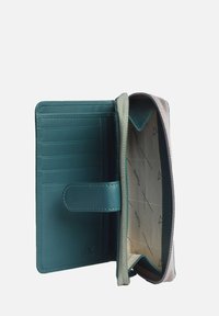 Teal leather wallet with a light gray zip closure, featuring multiple card slots and a patterned interior lining.