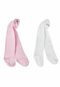 Rosa och vita strumpor med greppvänliga, texturerade sulor med stjärnmönster. Tillverkade av mjukt material, varje par är rullat upptill.