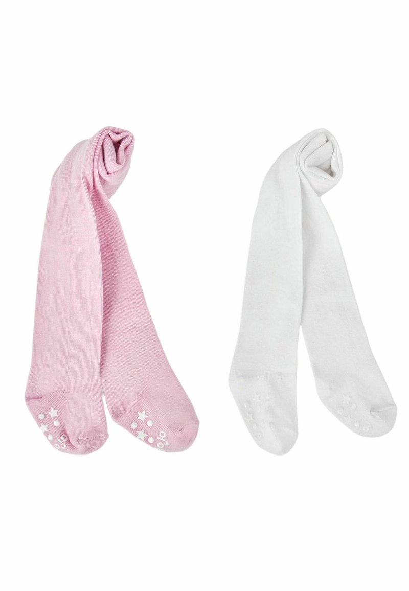 Rosa och vita strumpor med greppvänliga, texturerade sulor med stjärnmönster. Tillverkade av mjukt material, varje par är rullat upptill.