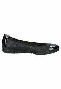 Schwarze Ballettschuhe mit einer Lackleder-Spitze, einem glatten Lederkörper, einer flexiblen Sohle und einem niedrigen Absatz. Schlichtes und klassisches Design.