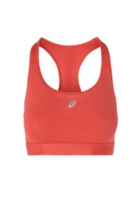 Red athletic bra with a racerback design. Made of a smooth, stretchy fabric. Features a subtle logo on the front and a thick bottom band.
