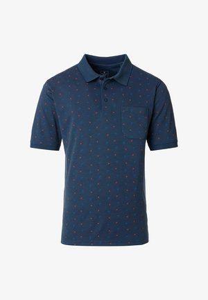 Polohemd in Dunkelblau mit einem gemusterten Design aus kleinen roten und blauen Formen. Verfügt über einen Kragen und eine linke Brusttasche. Aus Baumwollmischung.