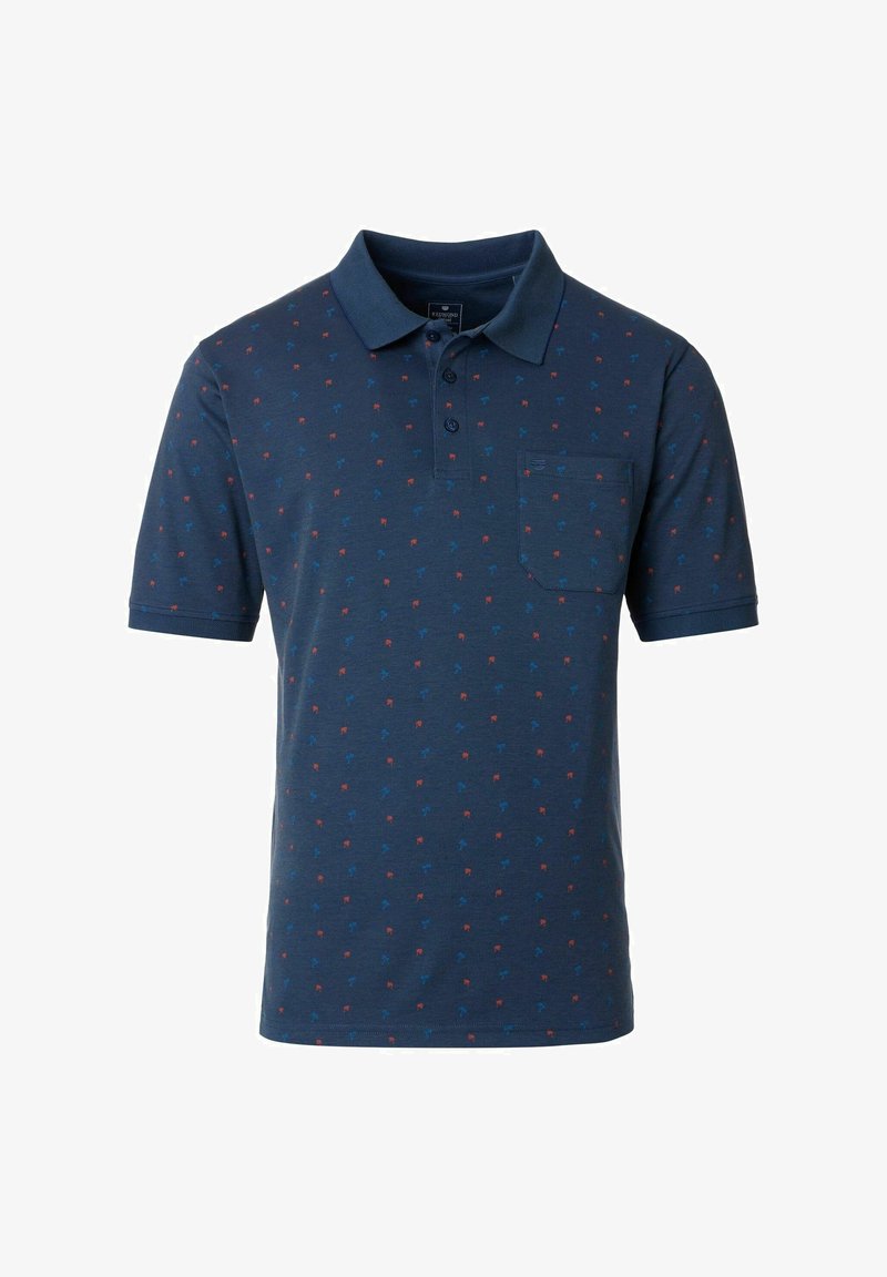 Koszulka polo w ciemnoniebieskim kolorze z wzorem składającym się z małych czerwonych i niebieskich kształtów. Posiada kołnierzyk oraz kieszonkę na lewej piersi. Wykonana z mieszanki bawełny.