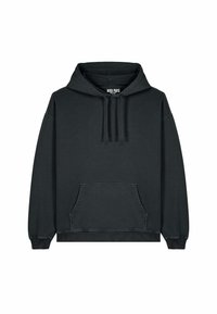 Felpa nera con cappuccio in cotone, dotata di tasca a marsupio, polsini a costine e cappuccio regolabile. Presenta un'etichetta con logo sul colletto.