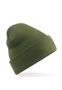 Olive green beanie hat made of ribbed knit material, featuring a folded cuff and a tapered top design.
