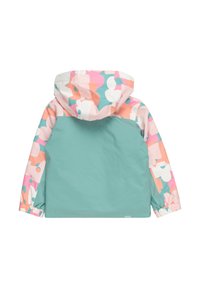 Vattentålig jacka i teal med ett flerfärgat blommönster på ärmarna och huvan. Har elastiska cuffs och en huva med dragsko.