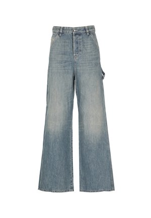 Pantaloni in denim a gamba larga di colore azzurro chiaro. Presentano una vita alta, un classico design a cinque tasche e una leggera scoloritura per dare texture.
