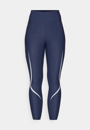 Marine bukser laget av elastisk stoff med høy midje. Har hvite aksentlinjer langs sidene og en glatt, strømlinjeformet tekstur.