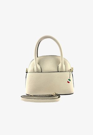 Crème leren handtas met afgeronde bovenkant, korte handvatten en een afneembare schouderriem. Voorzien van gouden hardware en een klein Italiaans vlaggetje.
