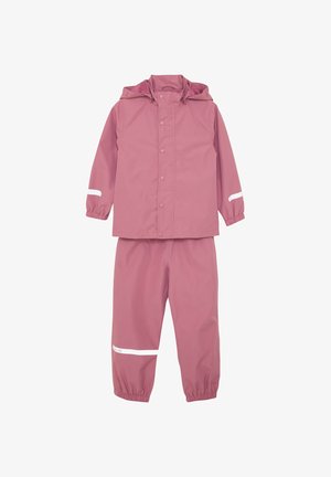 Kinderregenanzug in Staubrosa, zweiteilig, mit Kapuzenjacke, Druckknöpfen, elastischen Bündchen und reflektierenden Streifen an Ärmeln und Hosenbeinen.