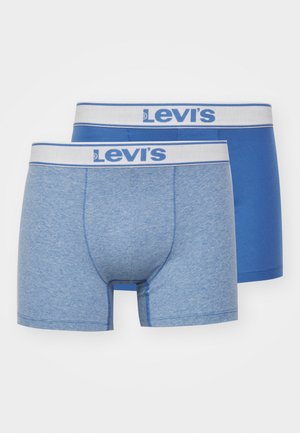 Levi's blaue Boxershorts, eine melierte und eine einfarbige, beide mit weißen elastischen Taillenbünden, die den Markennamen in Blau tragen.