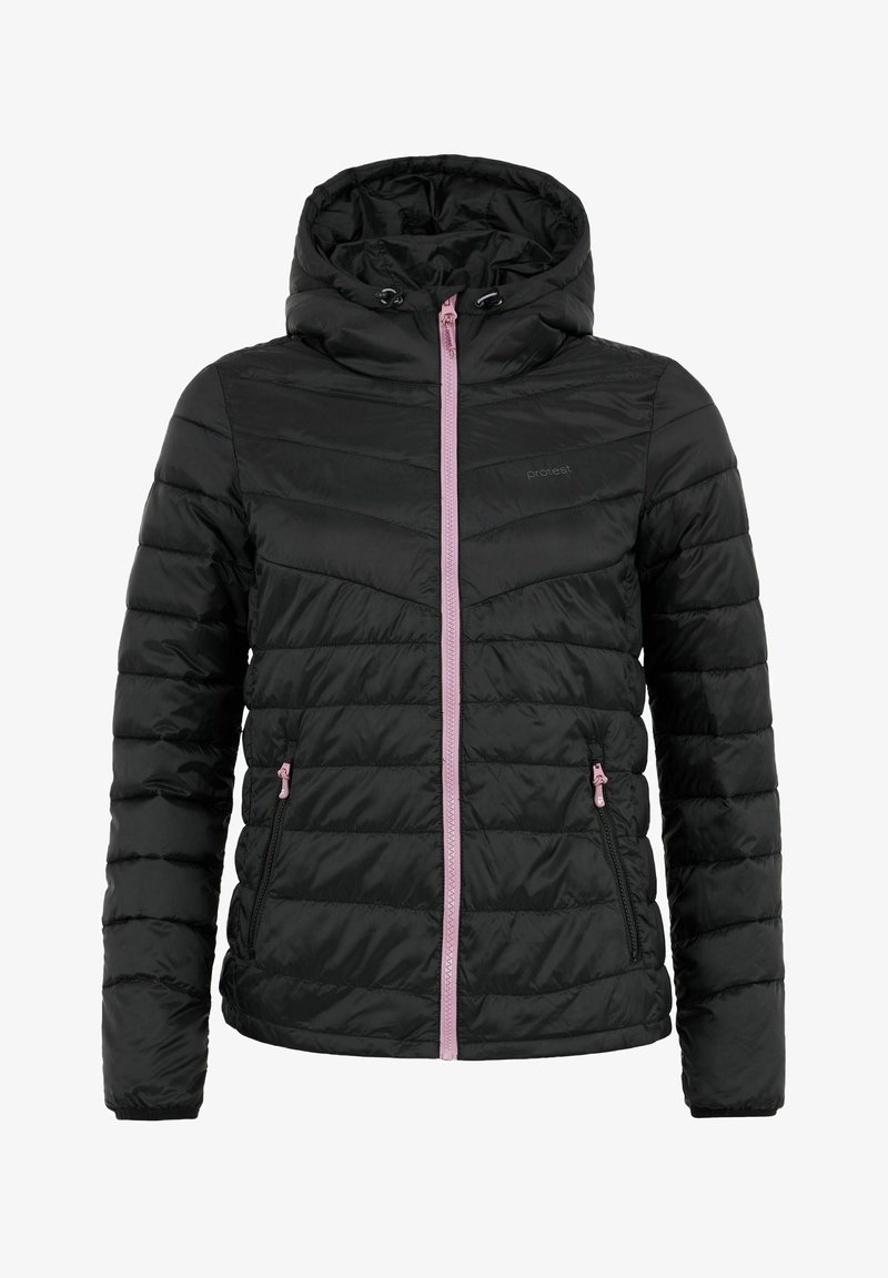 Chaqueta de plumas negra con capucha, textura acolchada, cremallera rosa de contraste y bolsillos laterales. Presenta un cuello redondo y mangas ajustadas.
