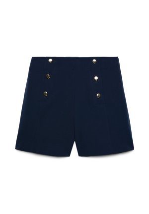 Shorts blu navy a vita alta con sei bottoni dorati disposti in due file verticali sulla parte anteriore.