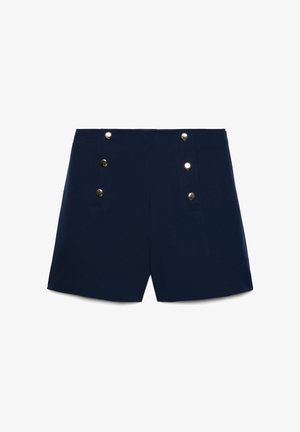 Shorts blu navy a vita alta con sei bottoni dorati disposti in due file verticali sulla parte anteriore.