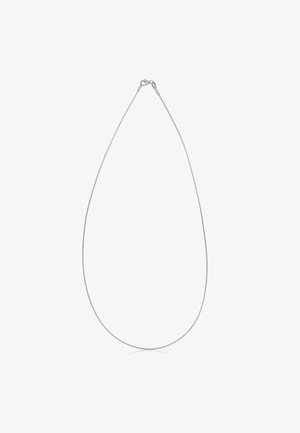 Collana d'argento con un design sottile e liscio, con una leggera lucentezza. Presenta una chiusura semplice per un fissaggio sicuro. Senza abbellimenti.