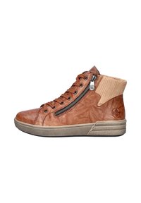 Zapato alto marrón hecho de cuero texturizado con un cuello de pana, cuenta con cordones y una cremallera lateral, y una suela de goma.