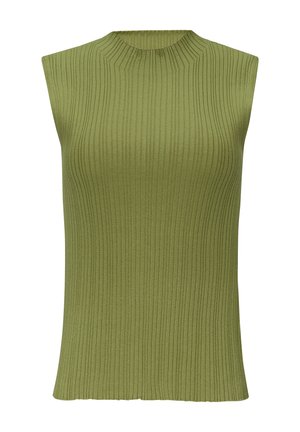 Mouwloos olijfgroen geribbeld topje met een hoge halslijn en rechte zoom, met een zachte textuur en een verticale ribstructuur.