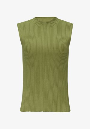 Mouwloos olijfgroen geribbeld topje met een hoge halslijn en rechte zoom, met een zachte textuur en een verticale ribstructuur.