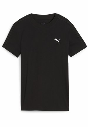 T-shirt in cotone nero con maniche corte, scollatura a girocollo e logo bianco sul lato sinistro del petto. Design semplice senza ulteriori motivi.