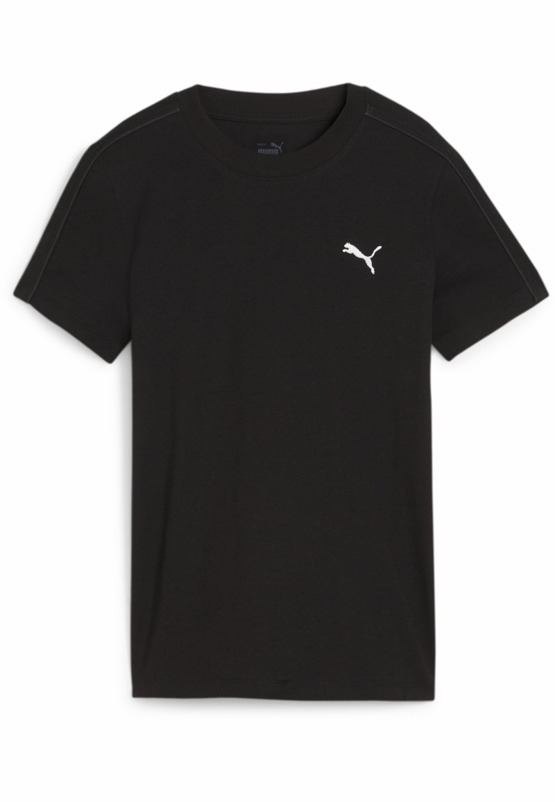 T-shirt in cotone nero con maniche corte, scollatura a girocollo e logo bianco sul lato sinistro del petto. Design semplice senza ulteriori motivi.