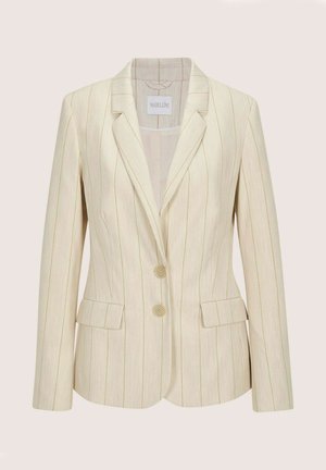 Cremefarbener, maßgeschneiderter Blazer mit dünnen vertikalen Streifen, zwei vorderen Knöpfen, abgestuften Revers und Pattentaschen.