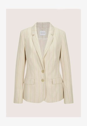 Cremefarbener, maßgeschneiderter Blazer mit dünnen vertikalen Streifen, zwei vorderen Knöpfen, abgestuften Revers und Pattentaschen.