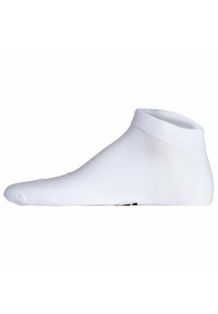 Calcetín blanco hasta el tobillo, hecho de una suave mezcla de algodón, con un puño acanalado y punta sin costuras. Diseño simple, sin patrones ni acentos visibles.