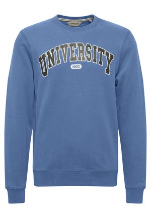 Sinine puuvillane dressipluus, millel on ümmargune kaelus ja pikad varrukad. Ees on boldkirjas tekst "Ülikool", mis on esitatud kontrastsetes värvustes.