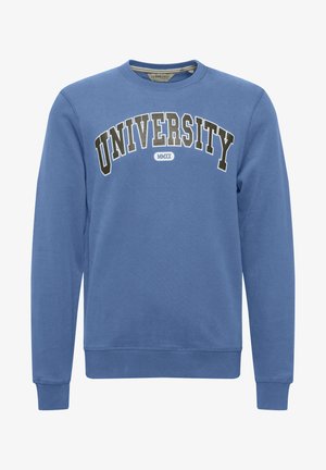 Sinine puuvillane dressipluus, millel on ümmargune kaelus ja pikad varrukad. Ees on boldkirjas tekst "Ülikool", mis on esitatud kontrastsetes värvustes.