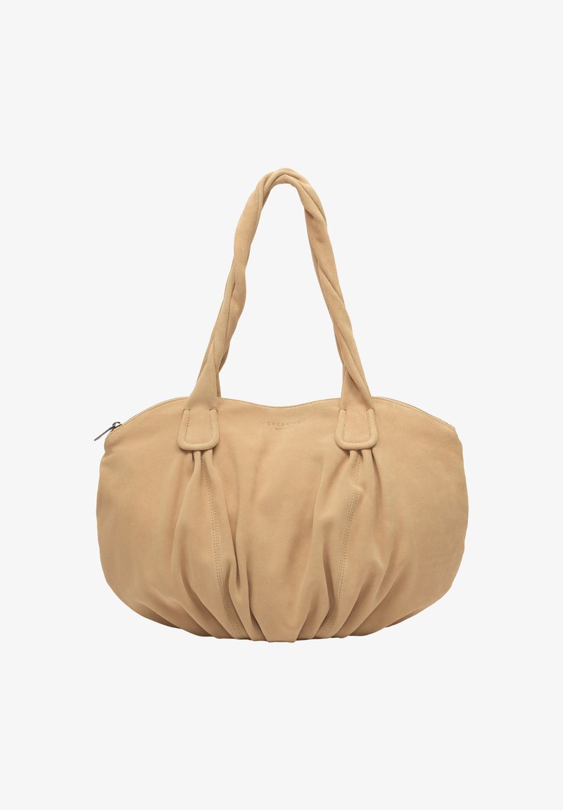 Beżowa torebka zamszowa z marszczonymi detalami z tkaniny, o zaokrąglonym kształcie i dwoma skręconymi paskami na ramię, z zamkiem błyskawicznym u góry.