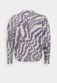 Maglietta a maniche lunghe in tessuto grigio chiaro con motivo a onde viola. Le spalle presentano un leggero design a palloncino, che esalta la silhouette.