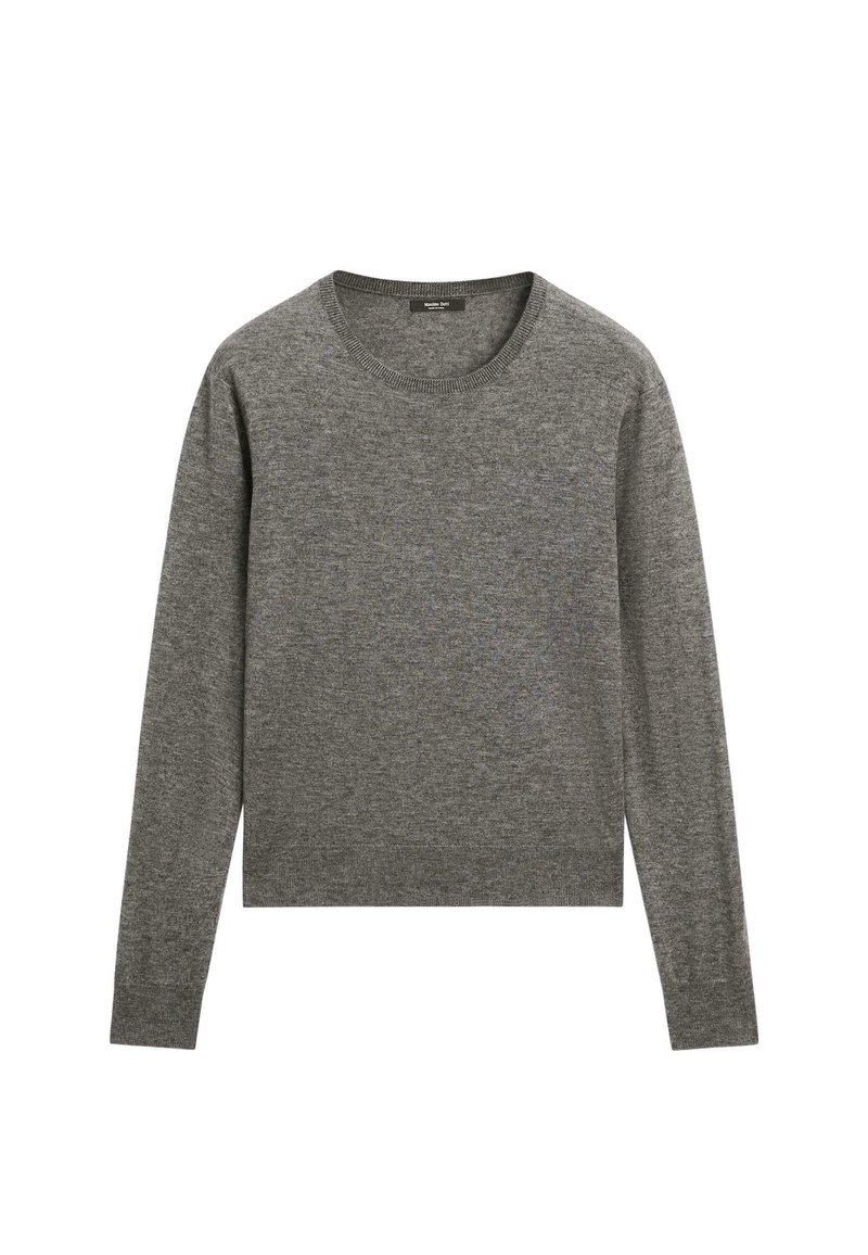Grå langærmet sweater lavet af blødt stof, med rund hals og ribbede kanter, og en let cropped design.
