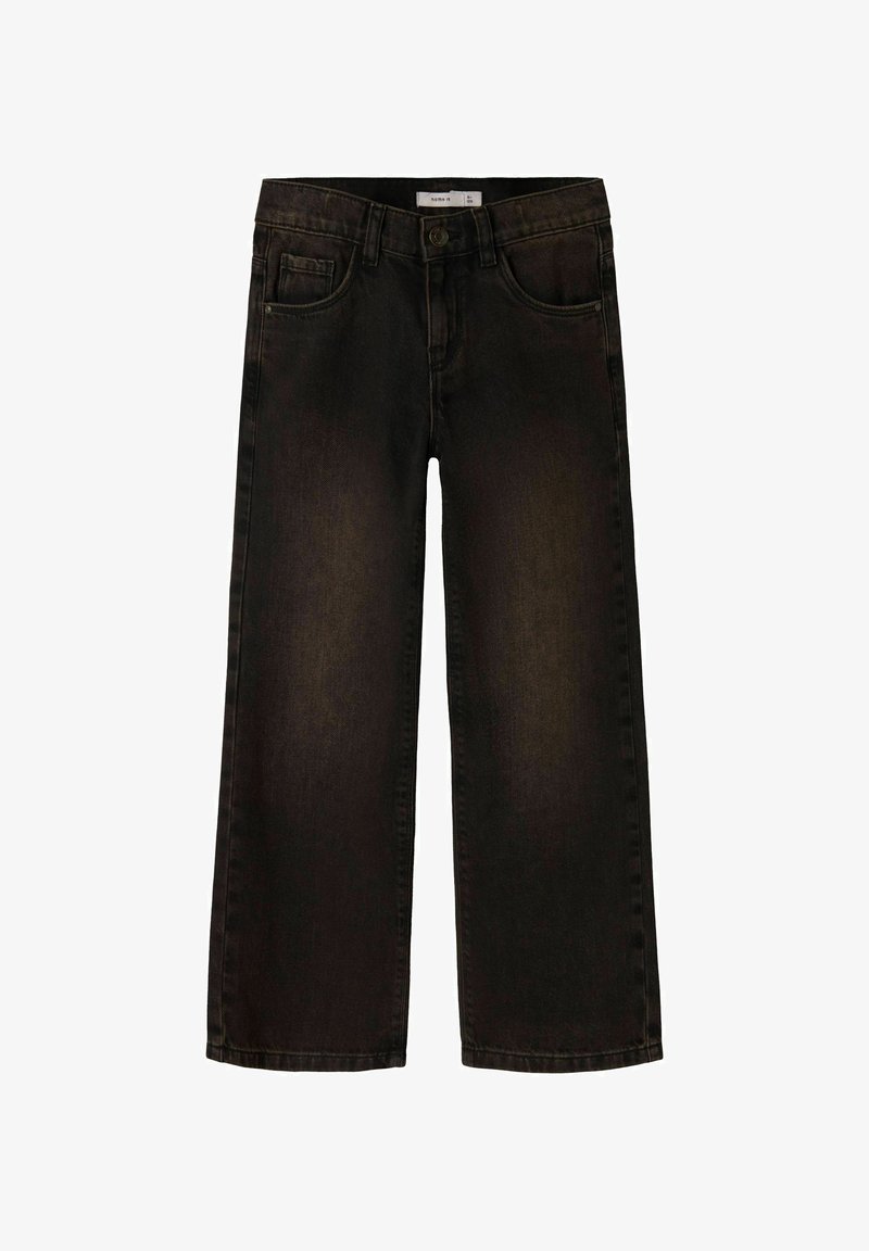 Pantalones vaqueros negros de pernera ancha con un diseño clásico de cinco bolsillos, fabricados en denim texturizado, que presentan detalles de costura y un cierre de botón.