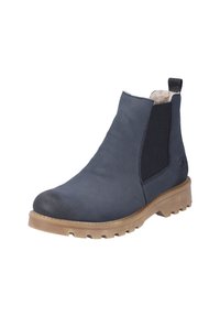 Bottes chelsea en cuir bleu marine avec des panneaux latéraux en élastique, une semelle en caoutchouc texturée et une languette à l'arrière pour un enfilage facile.