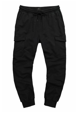 Pantaloni cargo neri realizzati in morbido tessuto, con vita elasticizzata, cordino e due tasche laterali. Caviglia a polsino.