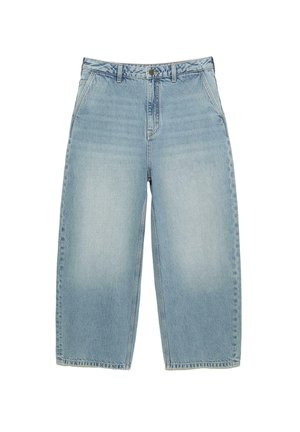 Lyseblå denim bred-benede jeans med høj talje, enkel design, subtil falming og lige snit. Har frontknaplukning og bæltestropper.