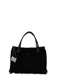 Borsa in camoscio nero con manici in pelle liscia, impreziosita da una piccola targhetta grigia con dettaglio turchese. Presenta un logo discreto sul davanti.