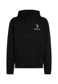 Schwarzer Hoodie aus Baumwollmischung mit Kängurutasche, Kordelzug an der Kapuze und gesticktem "Café de Kyl"-Logo auf der Brust.