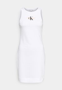 Bílé bezramínkové šaty z hladké bavlny, s tištěným logem v černé a zlaté barvě. Rovný střih se jednoduchým kulatým výstřihem.