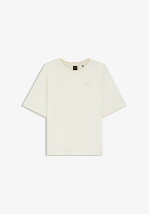 Short-sleeve T-shirt in cream cotton with a round neck, featuring a small, subtle logo detail in light pink on the chest.