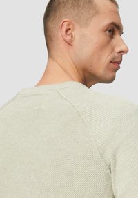 Jasnozielony sweter dzianinowy z teksturowanym wzorem, ściągaczem przy dekolcie i rękawami raglanowymi, widok z tyłu, uwypuklający szew na ramieniu.