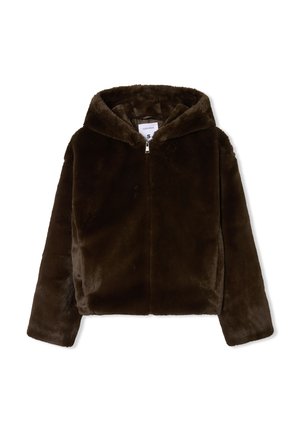 Giacca cappuccio in finta pelliccia marrone con zip frontale, maniche lunghe e una consistenza morbida. Cuciture a sella e un'etichetta con la taglia 'S' visibile all'interno.